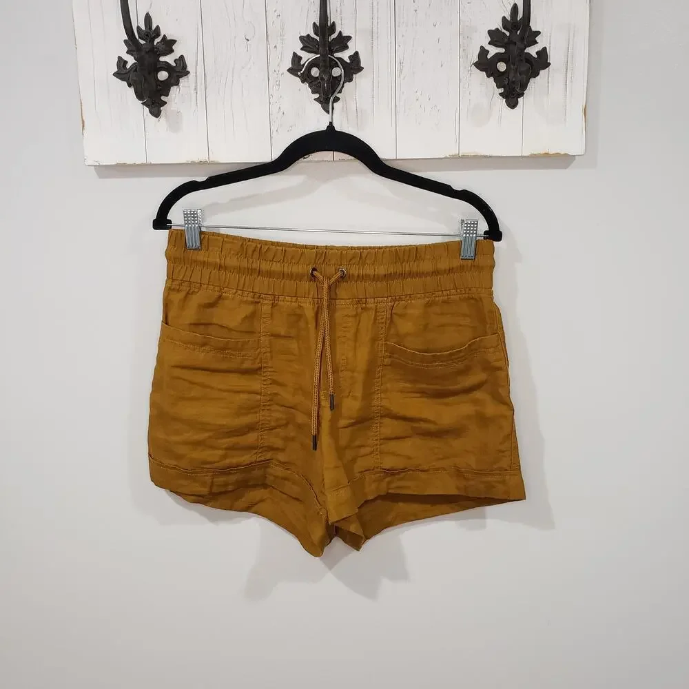 Athleta Cabo Linen Shorts Womens 6 Mustard Brown Drawstring Summer EUC